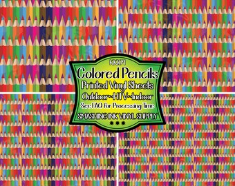 May include: A seamless pattern of colorful pencils on a white background. The pencils are arranged in rows and columns, and they are all different colors. The text "Colored Pencils Printed Vinyl Sheets Outdoor HTV Indoor See FAQ for Processing Time SMASHING INK VINYL SUPPLY" is printed in a green banner at the top of the image.