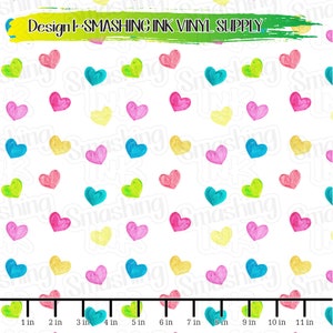 May include: A seamless pattern featuring a white background with colorful hand-painted hearts in shades of pink, yellow, green, and blue. The pattern is repeated throughout the image.