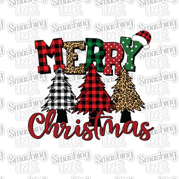 Merry Christmas Trees Apparel Transfer - Available in Heat Transfer, DTF (Direct to Film), or Sublimation, Iron On Shirt Transfer