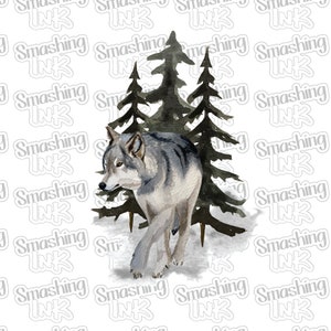 May include: A watercolor painting of a gray wolf walking through a snowy forest. The wolf is looking to the left of the image, and the trees are in the background.
