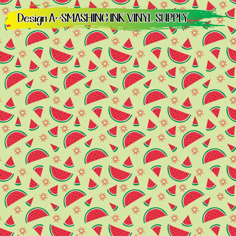 May include: A seamless pattern featuring red watermelon slices and yellow suns on a light green background. The pattern is perfect for summer-themed crafts and projects.