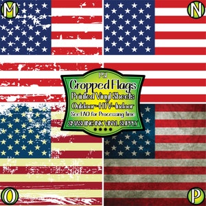 May include: Four distressed American flag designs, each with a letter in a circle in the corner. The text "Cropped Flags", "Printed Vinyl Sheets", "Outdoor HTV-Indoor", "See FAQ for Processing Time", and "SMASHING INK VINYL SUPPLY" is printed in a green banner.