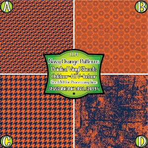 May include: Four different patterns of navy blue and orange vinyl sheets. The patterns include wavy lines, a floral design, a houndstooth pattern, and a distressed look. The text on the image reads "Navy Orange Patterns Printed Vinyl Sheets Outdoor - HIV - Indoor See FAQ for Processing Time SMASHING INK VINYL SUPPLY"
