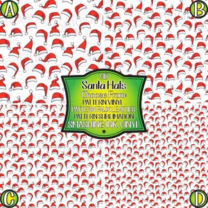 May include: A digital paper design featuring a repeating pattern of red Santa hats on a white background. The text "VII7 Santa Hats Choose From: PATTERN VINYL PATTERN FAUX LEATHER PATTERN SUBLIMATION SMASHING INK VINYL" is displayed in a green banner.