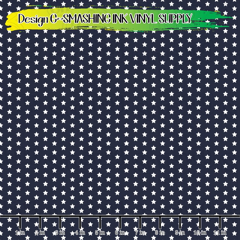 May include: A navy blue fabric with a white star pattern. The fabric is 11 inches wide and has a repeating pattern of white stars on a dark blue background.