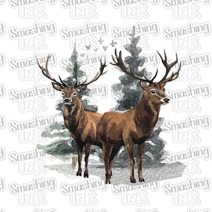 Two Deer In Winter Apparel Transfer - Available in Heat Transfer, DTF (Direct to Film), or Sublimation, Iron On Shirt Transfer