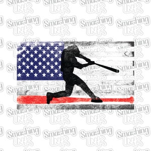May include: A baseball player in silhouette is swinging a bat in front of an American flag with a distressed, vintage look. The red, white, and blue flag has a red stripe at the bottom.