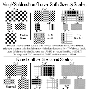 May include: A black and white checkerboard pattern reference chart titled Seamless Pattern. It displays various sizes and scales for vinyl, sublimation, laser-safe films, and faux leather, including specific dimensions like 12x24, 6x6, and 6x12 inches.