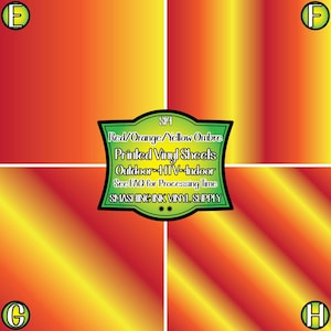 May include: Four squares with red, orange, and yellow ombre gradients. The image includes a green label with the text "S19 Red/Orange/Yellow Ombre Printed Vinyl Sheets Outdoor HTV Indoor See FAQ for Processing Time SMASHING INK VINYL SUPPLY."