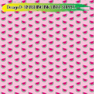 May include: A pink background with a repeating pattern of watermelon slices. The watermelon slices are green, red, and black.