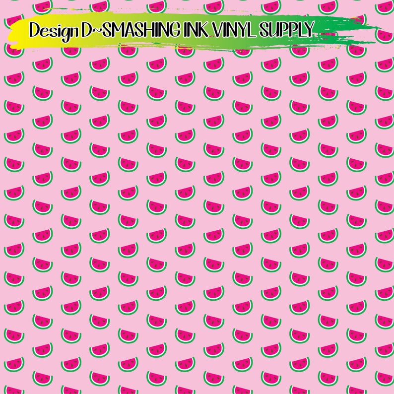 May include: A pink background with a repeating pattern of watermelon slices. The watermelon slices are green, red, and black.