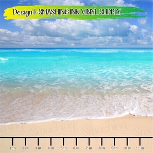 May include: A digital image of a beach scene with a blue sky, white clouds, turquoise water, and white sand. The image is 11 inches wide.