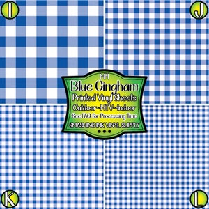 Może przedstawiać: Cztery arkusze winylu w kratkę w kolorze niebieskim i białym. Arkusze są oznaczone literami I, J, K i L. Tekst "MIH Blue Gingham Printed Vinyl Sheets Outdoor HTV Indoor See FAO for Processing Time SMASHING INK VINYL SUPPLY" jest nadrukowany na zielonej etykiecie.
