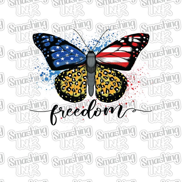 Patriotic Freedom Butterfly Apparel Transfer - Available in Heat Transfer, DTF (Direct to Film), or Sublimation, Iron On Shirt Transfer