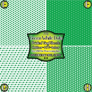 May include: Green and white polka dot vinyl sheets for crafting. The sheets are printed with a repeating pattern of small white dots on a green background. The text "Green White Dots" is printed on a black banner with white text. The text "Printed Vinyl Sheets" is printed on a white banner with black text. The text "Outdoor HTV Indoor" is printed on a white banner with black text. The text "See FAQ for Processing Time" is printed on a white banner with black text. The text "SMASHING INK VINYL SUPPLY" is printed on a white banner with black text.