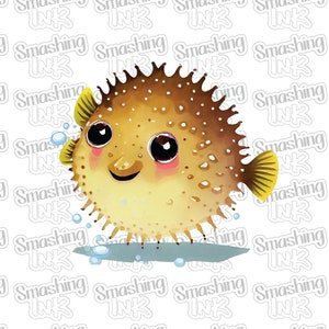 May include: A cartoon illustration of a yellow and brown pufferfish with large eyes and a smiling mouth. The fish is surrounded by small blue bubbles.