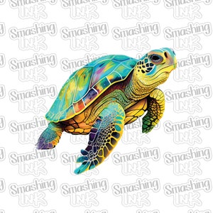 May include: A colorful sea turtle with a green, blue, yellow, and orange shell. The turtle is swimming in a white background.
