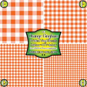 May include: Four orange and white gingham patterned vinyl sheets. The sheets are labeled with the letters E, F, G, and H. The text "MI Orange Gingham Printed Vinyl Sheets Outdoor HTV Indoor See FAO for Processing Time SMASHING INK VINYL SUPPLY" is in the center of the image.