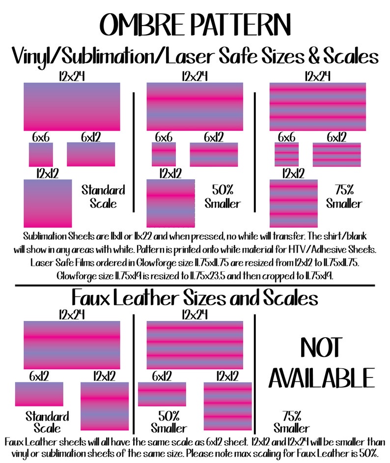 May include: A chart showing the different sizes and scales for vinyl, sublimation, and laser safe materials. The chart shows the standard size, 50% smaller, and 75% smaller. The chart also shows the different sizes and scales for faux leather. The chart states that faux leather sheets will all have the same scale as the 6x12 sheet. The chart also states that 12x12 and 12x24 will be smaller than vinyl or sublimation sheets of the same size. The chart also states that the maximum scaling for faux leather is 50%.