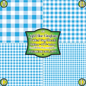 May include: Four sheets of light blue gingham printed vinyl. The vinyl is suitable for both indoor and outdoor use. The text on the image reads "MH Light Blue Gingham Printed Vinyl Sheets Outdoor HTV-Indoor See FAQ for Processing Time SMASHING INK VINYL SUPPLY"