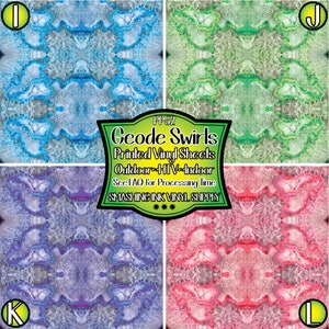 May include: Four different colored geode swirl designs for printed vinyl sheets. The designs are blue, green, purple, and pink. The text on the image reads "PP52 Geode Swirls Printed Vinyl Sheets Outdoor HTV Indoor See FAQ for Processing Time SMASHING INK VINYL SUPPLY"