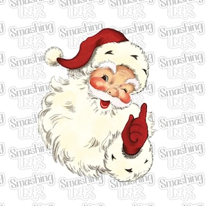 May include: A vintage illustration of Santa Claus with a white beard and red hat, winking and giving a thumbs up. He is wearing a red and white suit.