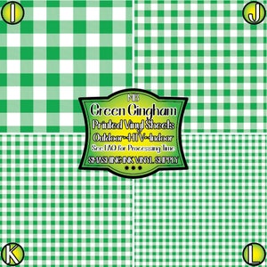 May include: Four green and white gingham patterned vinyl sheets. The sheets are labelled with the letters I, J, K, and L. The text on the image reads "MI3 Green Gingham Printed Vinyl Sheets Outdoor HTV Indoor See FAO for Processing Time SMASHING INK VINYL SUPPLY"