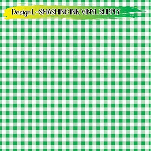May include: Green and white gingham pattern. The pattern is a repeating pattern of squares.