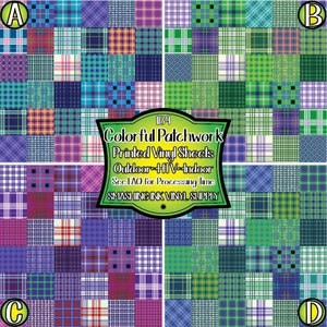 May include: A digital sheet of colorful patchwork plaid patterns in shades of purple, blue, green, and white. The sheet is for use with a vinyl cutter and is suitable for both indoor and outdoor use. The text on the sheet reads "Colorful Patchwork Printed Vinyl Sheets Outdoor HTV Indoor See FAQ for Processing Time SMASHING INK VINYL SUPPLY".