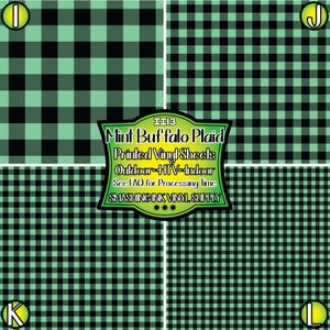May include: Four sheets of mint green and black buffalo plaid vinyl. The vinyl is printed with the text "1113 Mint Buffalo Plaid Printed Vinyl Sheets Outdoor HTV-Indoor See FAQ for Processing Time SMASHING INK VINYL SUPPLY"