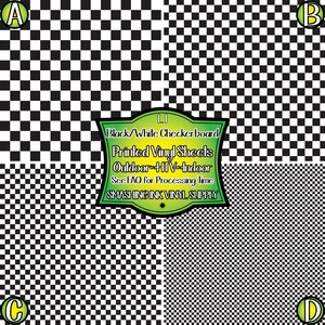May include: A graphic featuring four quadrants of black and white checkerboard patterns. A green label in the center reads "Black/White Checkerboard Printed Vinyl Sheets Outdoor HTV-Indoor" and "Smashing Ink Vinyl Supply."