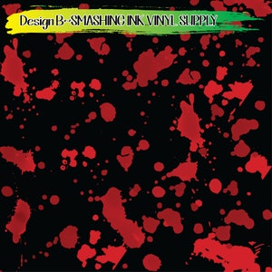 May include: Red paint splatters on a black background. The splatters are of varying sizes and shapes, creating a random pattern.