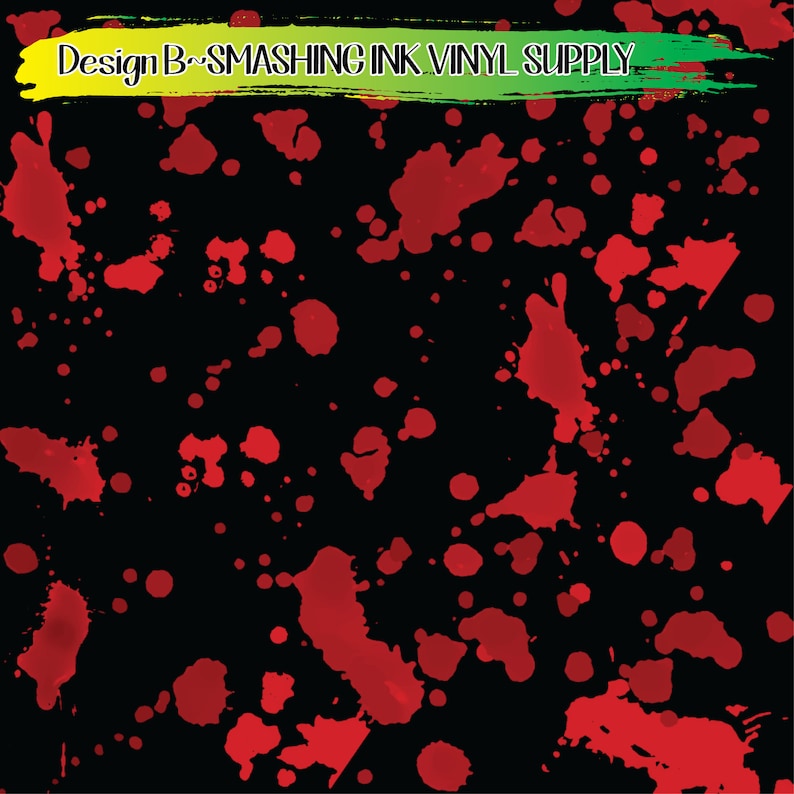 May include: Red paint splatters on a black background. The splatters are of varying sizes and shapes, creating a random pattern.