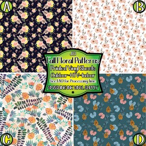 May include: Four printed vinyl sheets featuring floral and botanical patterns. Pattern A has yellow and pink flowers on black. Pattern B has orange flowers on white. Pattern C has orange and green foliage. Pattern D has pinecones on teal.