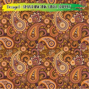 May include: A seamless pattern featuring a paisley design in shades of orange, brown, and purple. The pattern is intricate and detailed, with a variety of floral and geometric elements.