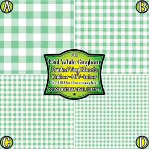May include: Four squares of mint green and white gingham patterned vinyl sheets. The text "MIB Mint White Gingham Printed Vinyl Sheets Outdoor HTV-Indoor See FAQ for Processing Time SMASHING INK VINYL SUPPLY" is in a white banner with a black border.