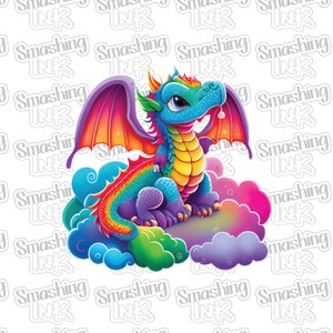 May include: A colorful cartoon dragon with blue scales, rainbow wings, and a yellow belly sits atop a rainbow cloud. The dragon has large eyes and a friendly expression. The background is white with the word "Smashing Ink" repeated.