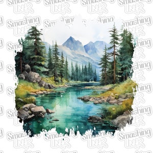 Mountains and River Apparel Transfer - Available in Heat Transfer, DTF (Direct to Film), or Sublimation, Iron On Shirt Transfer