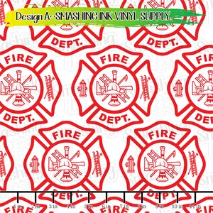 May include: Red and white firefighter emblem pattern with the words "FIRE DEPT." repeated throughout. The emblem features a fireman's helmet, axe, ladder, and fire hydrant.