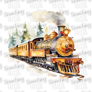 May include: A vintage-style steam train with a yellow and brown paint scheme, pulling a string of passenger cars. The train is surrounded by a watercolor-style background of trees and snow.
