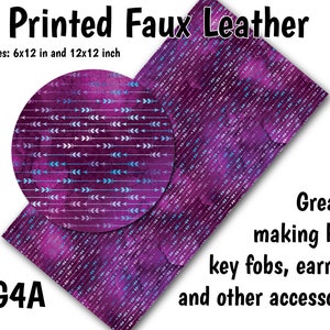 May include: Purple faux leather sheet with a white and blue arrow pattern. The sheet is available in two sizes: 6x12 inches and 12x12 inches. GG4A.