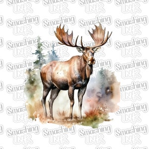 May include: A watercolor painting of a brown moose with large antlers standing in a forest setting. The background is a soft watercolor wash of blues and greens.