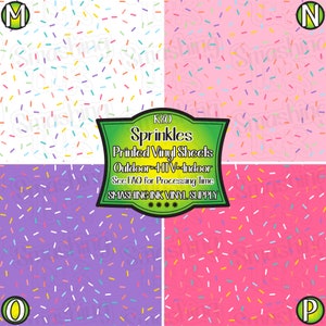 May include: Four sheets of printed vinyl with a sprinkle pattern. The sheets are white, pink, purple, and pink. The text "K80 Sprinkles Printed Vinyl Sheets Outdoor HTV Indoor See FAQ for Processing Time SMASHING INK VINYL SUPPLY" is printed on the sheets.