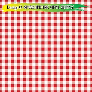 May include: Red and white checkered pattern. The pattern is a classic gingham design, often used for tablecloths and picnic blankets.