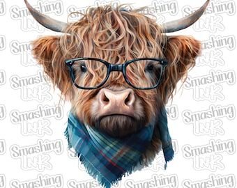 Vache Highland avec des lunettes ~ Transfert de vêtements | DTF | Repasser | Sublimation | TVH