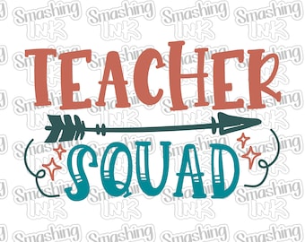 May include: A teal blue arrow with a brown and white feathered arrowhead points to the right. The text "TEACHER SQUAD" is in a stylized font. The word "TEACHER" is in a reddish-brown color and the word "SQUAD" is in teal blue. There are two small white stars on either side of the word "SQUAD".