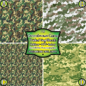 May include: Four different camouflage patterns in green, brown, and beige colors. The patterns are labeled A, B, C, and D. The text "Greenbrown Camo Printed Vinyl Sheets Outdoor - HTV - Indoor See FAQ for Processing Time SMASHING INK VINYL SUPPLY" is in a banner at the top of the image.