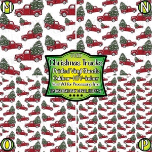 May include: Red pickup trucks carrying Christmas trees on a white background. The text "VV20 Christmas Trucks Printed Vinyl Sheets Outdoor HTV Indoor See FAQ for Processing Time SMASHING INK VINYL SUPPLY" is at the bottom of the image.
