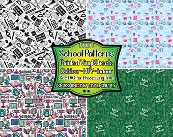 May include: Four different school themed patterns for vinyl sheets. The patterns are black and white, colorful, blue and pink, and green with white outlines. The patterns include images of books, pencils, apples, and other school supplies. The text "KKIOT School Patterns Printed Vinyl Sheets Outdoor HTV Indoor See FAQ for Processing Time SMASHING INK VINYL SUPPLY" is at the top of the image.