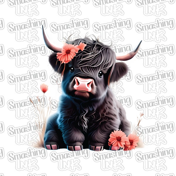 Floral Baby Highland Cow Apparel Transfer - Available in Heat Transfer, DTF (Direct to Film), or Sublimation, Iron On Shirt Transfer